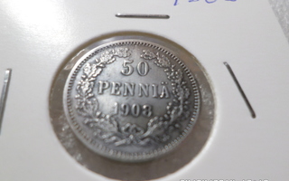 50  penniä   1908   hopeaa  kl 8    Rahakehyksessä