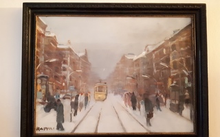 Viehättävä öljymaalaus "Katunäkymä talvella / Vintrig gata"