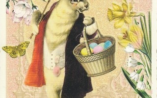 Pääsiäisjänis kulkee korin kanssa (Tausendschön-kortti)