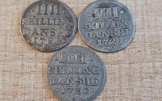 4 Skilling 1728 -30CW Tanska. 3kpl. Hopea 312. VK (K)