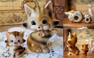 Vintage Japanilainen Keraaminen Kissaperhe - Kissa Figuuri
