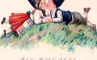 RAKKAUS / Tyttö ja poika suukottelevat kukkulalla. 1910-l.