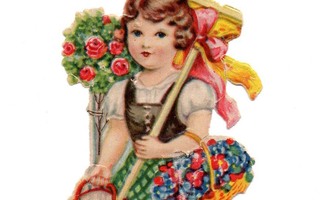 WANHA / Tyttö puutarhurin töissä, harava, kannu. 1900-l.