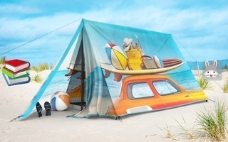Uusi teltta auto ja surffausväline painatuksella
