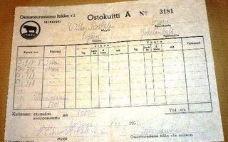 Osuusteurastamo Itikka Ostokuitti  (siat ja mullit) 1951 (K9