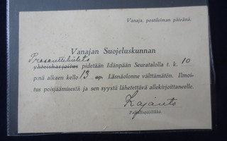 Vanajan  Suojeluskunnan  Kutsukortti v.1929