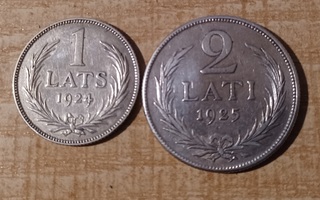 1 Lats ja 2 Lati 1924 ja -25 Latvia Hopea 835 KL 7 ja 8 (K)