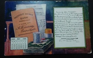 Seteli kolikko Vuosiluku kalenteri Bank mainoskortti 1909