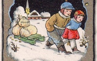 LAPSET / Tyttö ja poika vetävät rahakelkkaa. 1930-l.