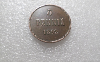 5 penniä 1892 kulkematon tasaisestin hieman patinoitunut