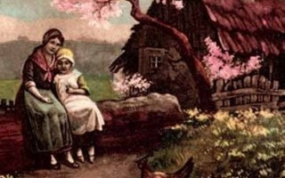 ÄITI / Äiti ja tytär istuvat puun rungolla. 1900-l.