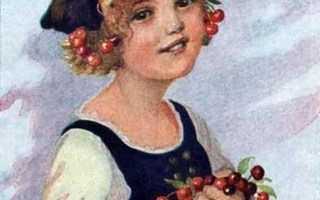 LAPSET / Soma tyttö kirsikoita käsissä ja hiuksissa. 1930-l.
