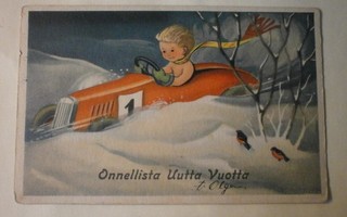 Uuden Vuoden lapsi autoilee läpi hankien, p. 1936 + rivil.