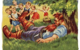 WANHA SATUKUVA / Ihmissyöjä makaa puun alla, lapset. 1900-l.