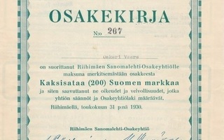 1930 Riihimäen Sanomalehti Oy, Riihimäki osakekirja