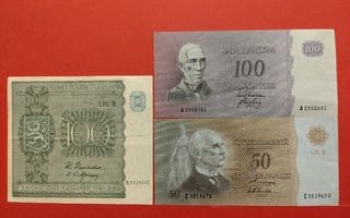 50 + 100 mk 1963 ja 100 mk 1945, kunto noin 5-6. (KD6)