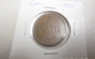 5  penniä  1905   Rahakehyksessä    Kl 6  Siisti