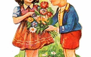 WS / Lierihattuinen tyttö saa kukkia pojalta.