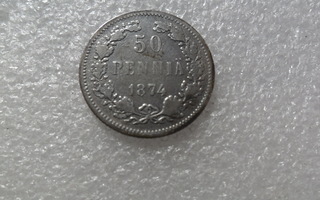 50  penniä  1874 hopeaa  kulkenut  raha.