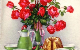 RUUSU / Kauniisti katettu pöytä - ruusut maljakossa. 1930-l.
