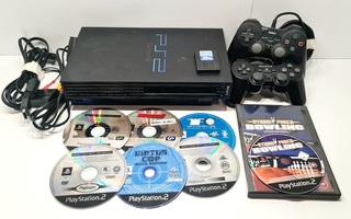 PS2 Fat konsoli + 2 ohjainta + muistikortti + 7 peliä [1]