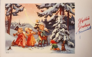 Vanha joulukortti-enkelit ja metsän väkeä