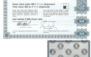 OKK Suomen valtio obligaatio II 7,5 % 20.10.1986