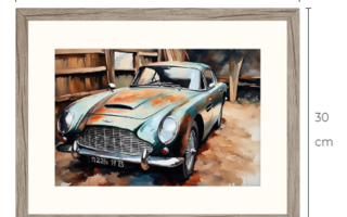 Taulu Latolöytö Aston Martin DB6 30 cm x 40 cm kehyksineen
