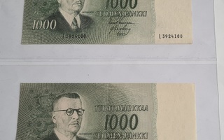 1000 mk 1955 , L..., 2 KPL, vl I ja vl II, w.rahak.KOKOELMA
