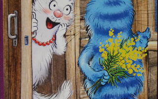 Irina Zeniuk sininen kissa tuo mimosan kukkia ystävälle