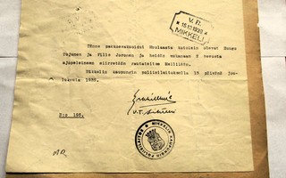 1939 Mikkeli poliisi VR  evakuointidokumentti Muolaa-Mellilä