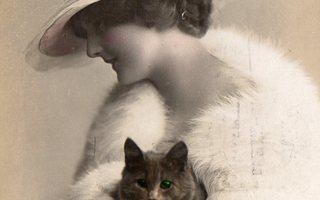 Vanha postikortti- nainen ja kissa