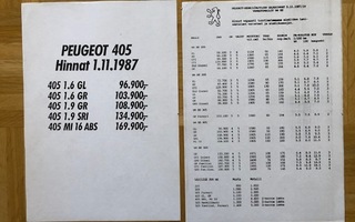 Hinnasto Peugeot 205, 309, 405, 505  1987/1988. Esite
