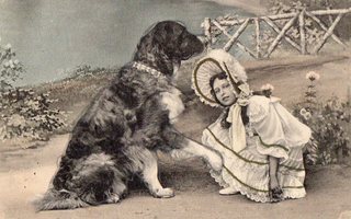 Vanha postikortti- tyttö ja koira