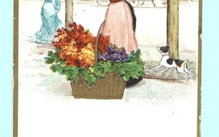 Vanha kortti: Nainen myy kukkia puistokadulla, 1915