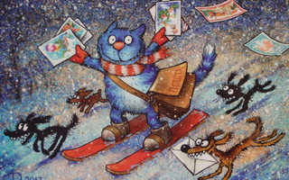 Irina Zeniuk sininen kissa jakaa hiihtämällä postia