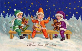 Vanha joulukortti- iloiset lapset lahjoineen