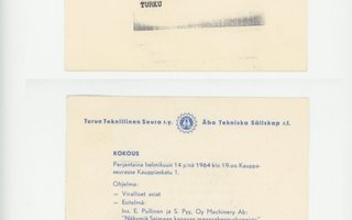 Turun Teknillinen seura r.y.  käytetty kutsukortti v. 1964
