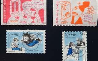 Neljä Ruotsi-postimerkkiä: 2 x Astrid Lindgren + 2 punertava