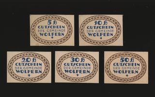 Itävalta Notgeld 5, 10, 20, 30, 50 Heller, Wolfern