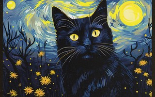 Musta kissa, täysikuu, keltaiset kukat
