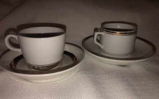Arabia kultakoriste kahvikuppi ja  tassi, oikella kuvassa