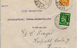 1932 M30 50p lisämaksu kirje Virosta käännetty Latviaan