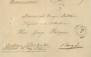 1862 kirjattu kirje arvolla Helsingistä Porvooseen