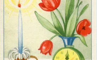 Joulu - Vanha ruotsalainen postikortti - Tulppaanit kynttilä