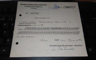 Varsinais-suomen Suojeluskunta kuitti 1940 PK300/1