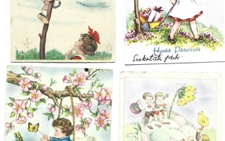 Vanhat pääsiäiskortit, 4 kpl: Lasten touhuja