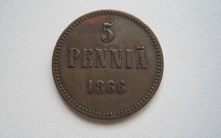 5 PENNIÄ 1866 HYVÄ KUNTO.  25