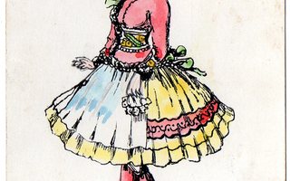 Vanha postikortti- nainen värikkäässä asussa