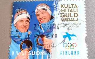 Omakuvapostimerkki leimattu v. 2014 Kultamitali hiihdossa